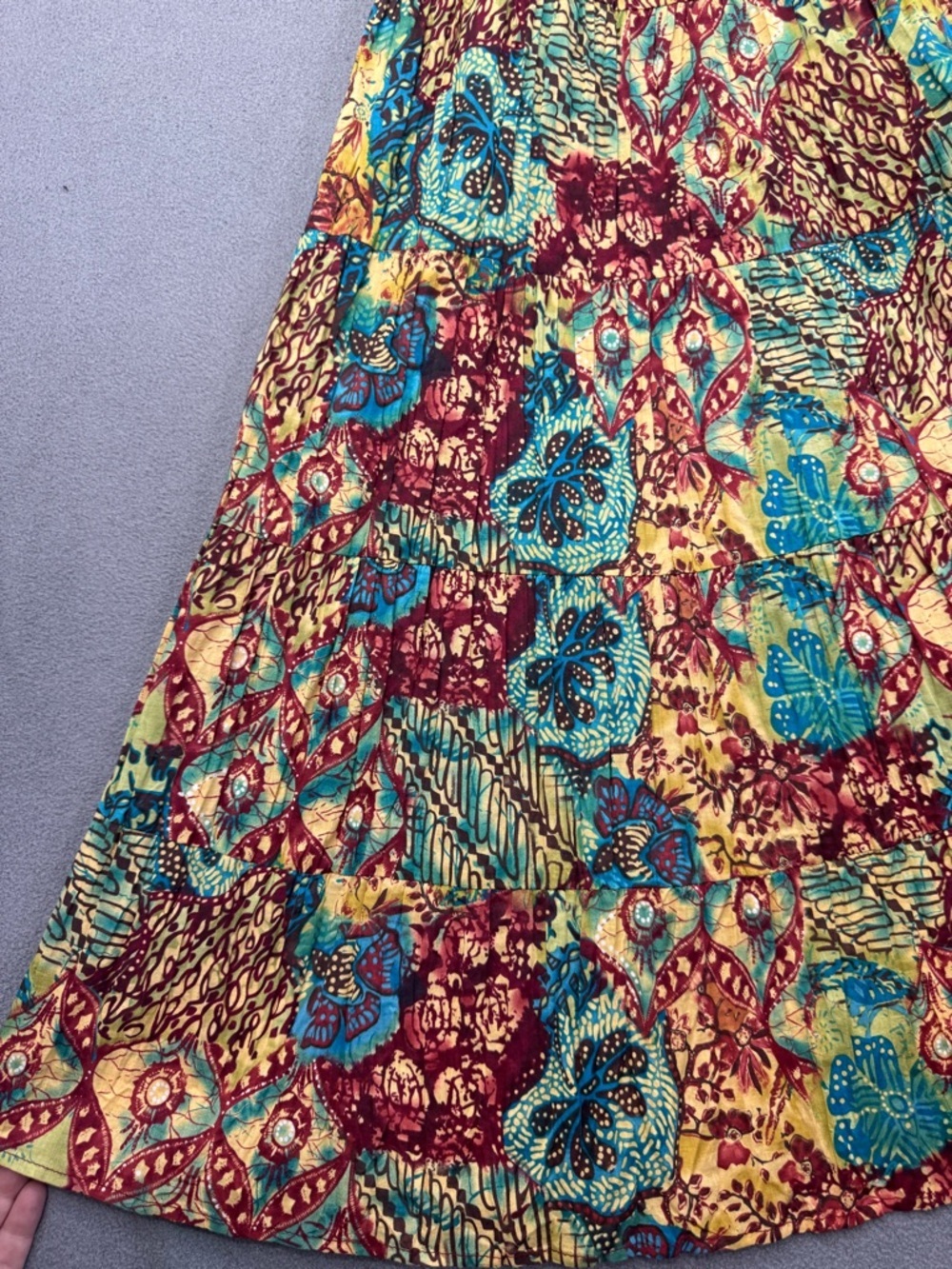 Vintage Y2K Boho Patchwork Pleated Midi Skirt, Ruffle Tiered 100% Cotton, 1X - Picture 10 of 13